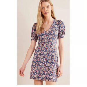 Boden Blue Paisley 100% cotton V neck short shift dress sz 14R